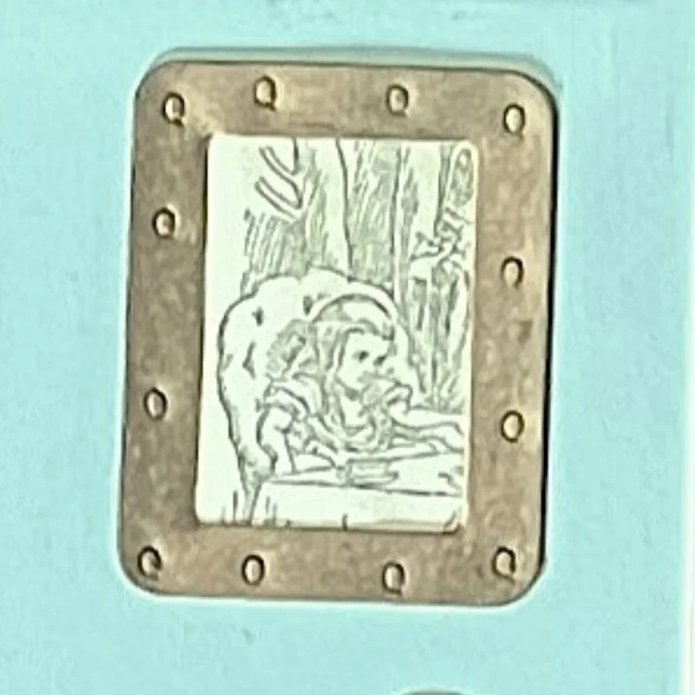 Vintage Handmade Sage Green Alice in Wonderland Themed Mirror on Wood w/Trinkets